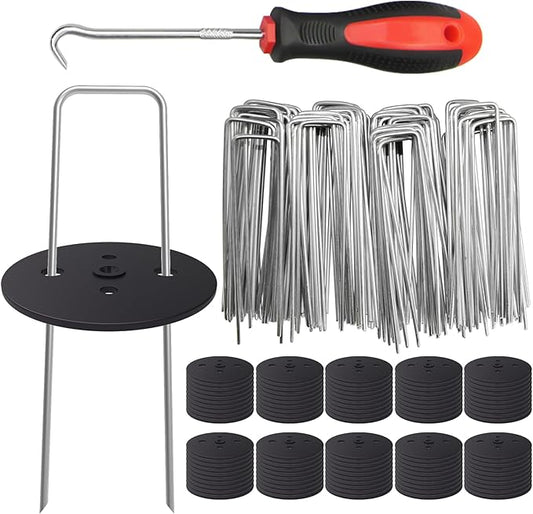 MySit 100 Pack Artificial Turf Stakes Staples with 100 Landscape Staple Gasket Caps, 6 Inch Weed Barrier Stakes for Moisture Barriers, Garden Stake Pick Hook, Garden Ground Staples for Weed