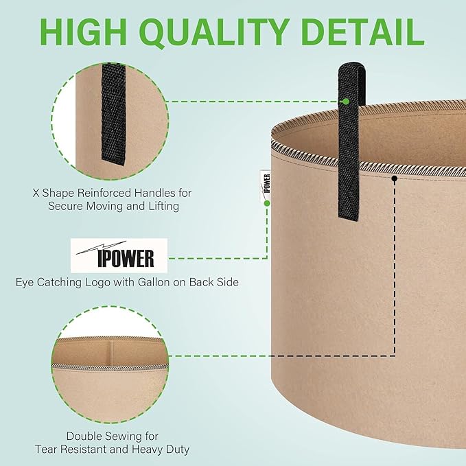 iPower 5-Pack 25 Gallon Plant Grow Bags Thickened Nonwoven Aeration Fabric Pots Heavy Duty Durable Container, Strap Handles for Garden, Tan