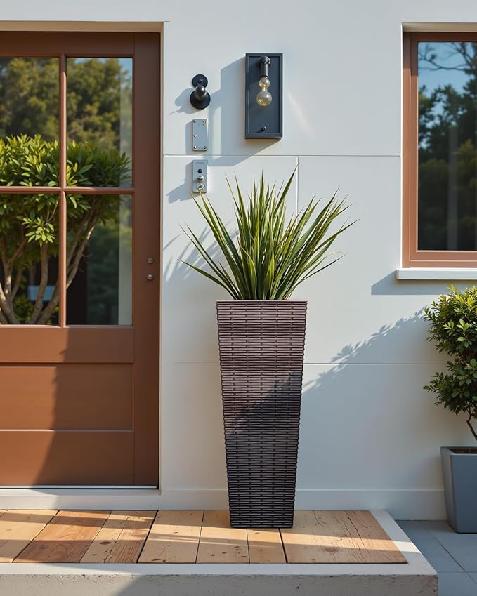 Greesum Large Tall Planter for Outdoors Plants, Set of 2, 24" Tall Plastic Flower Pots, Tapered Porch Planter with Drainage Holes for Patio, Backyard, Brown