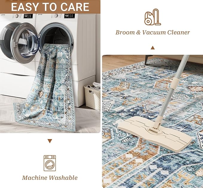 10x14 Area Rugs,Ultra-Thin Washable Rugs for Living Room,Non-Slip Lightweight Foldable Area Rug,Stain Resistant Vintage Large Rugs(Blue/Gold,10'x14')