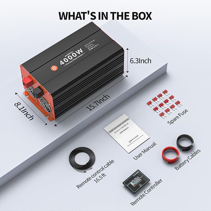 4000W Pure Sine Wave Power Inverter 12V DC to 110V AC Converter Peak Power 8000W for RV Truck Off-Grid Solar Car Inverter with 4 AC Outlets, 2 USB & 1 Type-C Ports, Hardwire Kit, Remote Controller