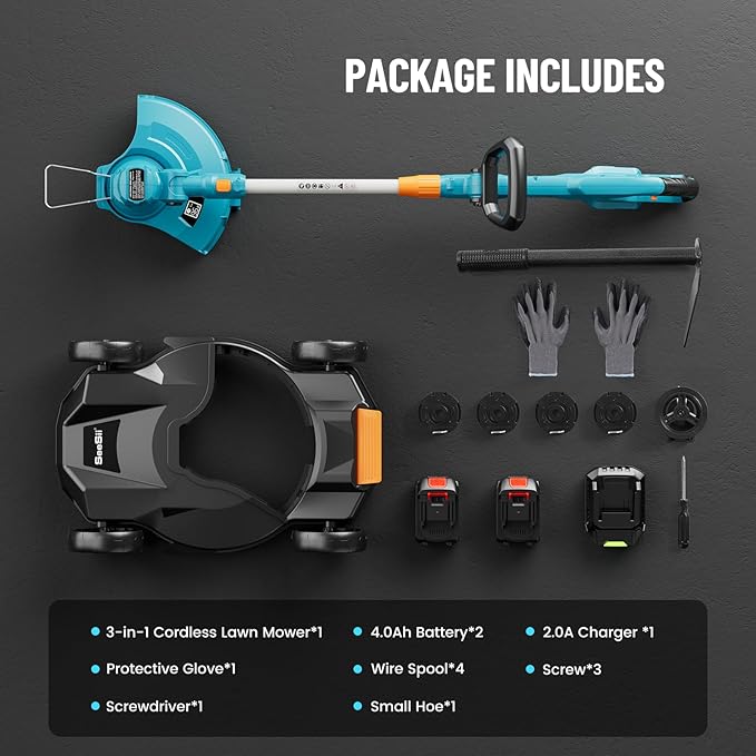 Seesii String Trimmer : 12’’ Cordless Weed Wacker & Edger with 2 * 4.0Ah Batteries - Electric Lawn Mower with 1.3’’/2.1’’ Adjustable Deck - 3-in-1 Battery Lawn Mower for Garden/Yard