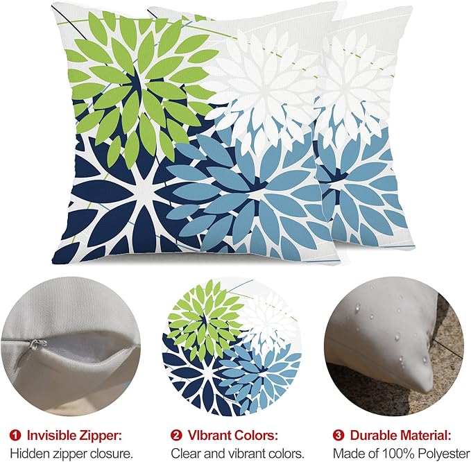 DFXSZ Outdoor Throw Pillow Covers 24x24 Inch Set of 2 Waterproof Spring Summer Geometric Elegant Blue Green Outdoor Pillow Covers for Patio Funiture Garden Couch 158Y24