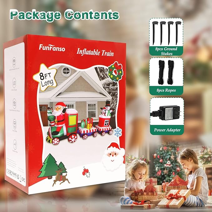 8 FT Christmas Inflatable Train with Santa Claus, Snowman, Penguin, Gift Boxes, Blow Up Yard Decorations with Built-in Lights, Lovely Xmas Train Carriage for Holiday Display Lawn Garden Party Decor