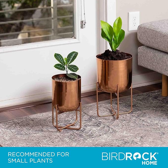 BIRDROCK HOME 2pc Modern Planter with Stand - Elevated Plant Holder for Indoor/Outdoor Use - Sturdy Black Floor Standing Pot Stand for Houseplants, Trees, and Flowers - Small Large - Copper