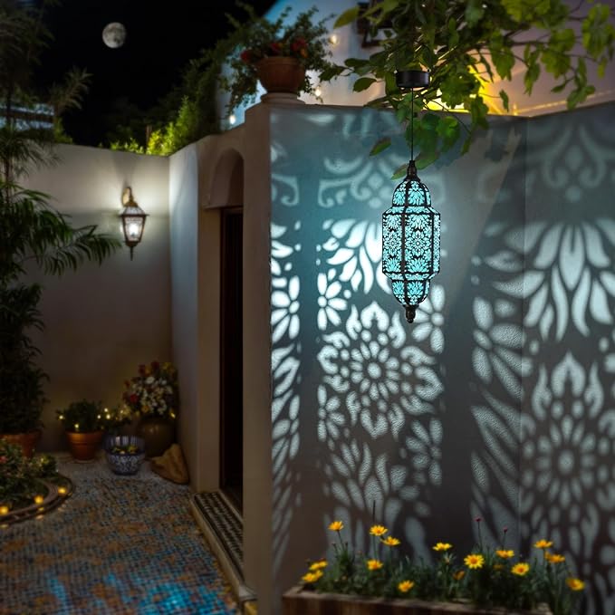 Twinkya Hanging Solar Lights Outdoor Garden Decorative Solar Lantern Waterproof Metal Moroccan Outdoor Decorations for Patio Pathway Yard Porch Backyard Garden Decor (Black, 1 Pack)