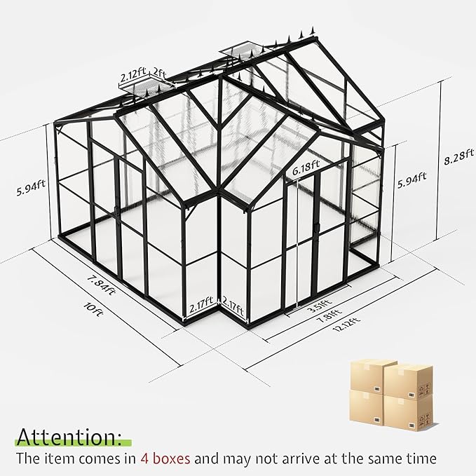 AMERLIFE 12x10x8 FT Hybrid Polycarbonate Greenhouse, Quick-Connect Aluminum Frame, Dual Roof Vents & Double Doors, Walk-in Backyard Greenhouse with Gutters, Black