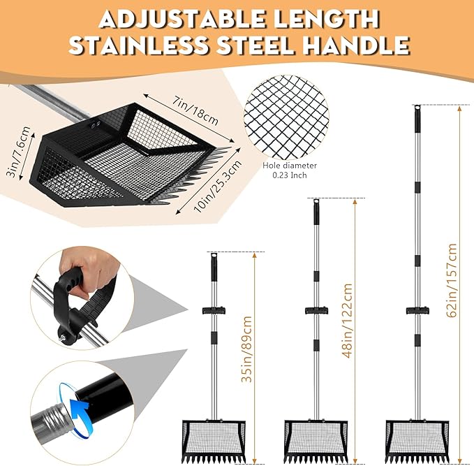 Chicken Poop Scooper and Rake 2-in-1, 10” Wide Metal Coop Scoop for Sand Sifting Shovel with 22" to 62” Adjustable Stainless Steel Handle, Cleaning Tools for Chicken Coops & Farm Animals Scoop