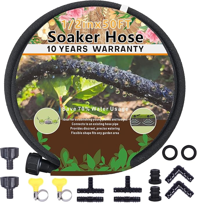 1/2’’ Soaker Hose for Garden 50 Ft, Heavy Duty Soaker Hose 50 ft for Raised Garden Beds, Garden Soaker Hoses for Foundation Watering Drip Hose Irrigation System (50 ft)
