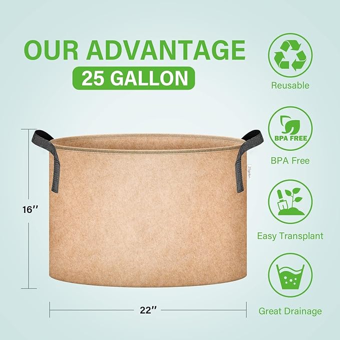 iPower 5-Pack 25 Gallon Plant Grow Bags Thickened Nonwoven Aeration Fabric Pots Heavy Duty Durable Container, Strap Handles for Garden, Tan