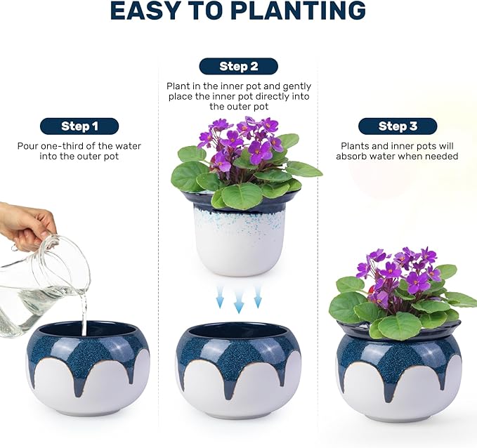African Violet Pots, 6 Inch Self Watering Pots for Indoor Plants,Easy Plant Self Watering Planter, Ceramic Plant Pot with Absorbent Inner Pot for Flowers - Gradient Blue