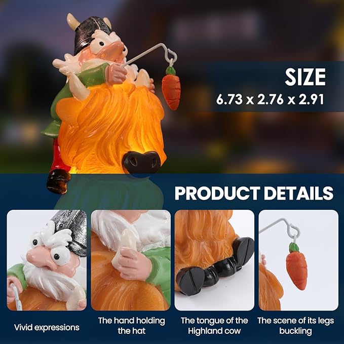 Garden Statue–Grome&Highland Cow Outdoor Decor Solar Light for Yard, Patio or Balcony–Eco-Friendly Resin Figurine Gift for Parents, Friends, Coworkers–Christmas, White Elephant, Thanksgiving, Birthday