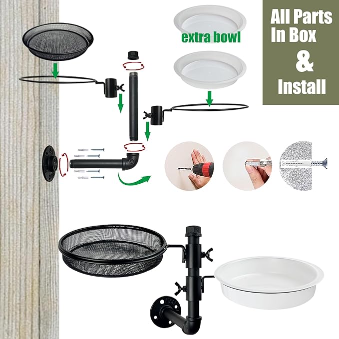 Wall Mounted Bird Feeder with Metal Mesh Seed Tray and 2 Bird Bath Bowls,Heavy Duty Fence Tree Mount Birds Feeder for Outside Wild Birds,Table Mountable Platform Feeder in Garden Backyard