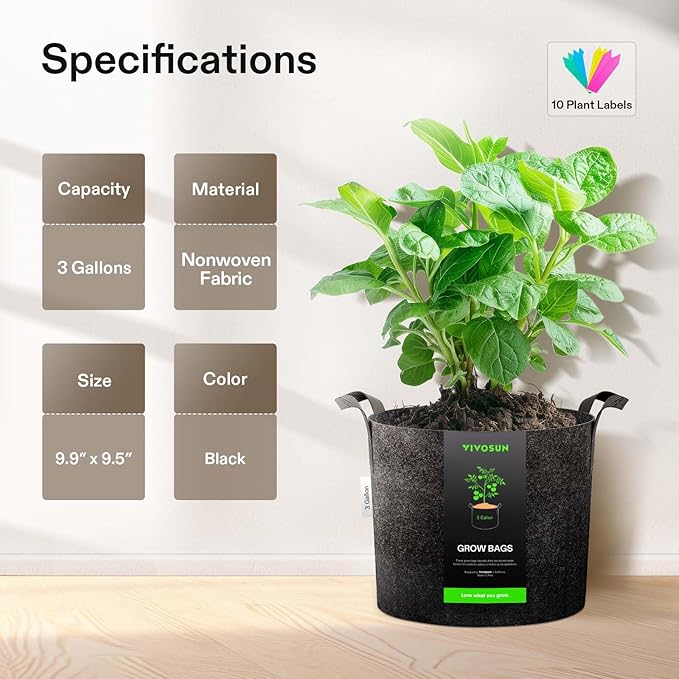 VIVOSUN 10-Pack 3 Gallon Grow Bags, Reinforced Planter Fabric Pots for Gardening Black