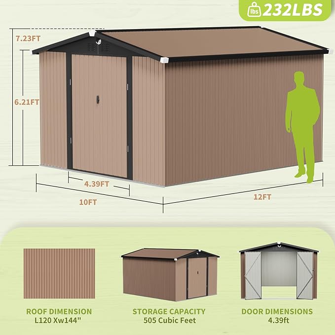 10x12 FT Outdoor Storage Shed, Metal Shed with Lockable Door, Large Heavy Duty Tool Sheds, Outside Waterproof Storage Building