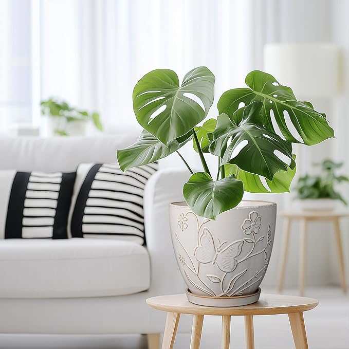 8 Inch Ceramic Pots for Plants Large Planter Pot with Drainage Hole and Saucer Round Flower Pot for Indoor Outdoor Decor, White