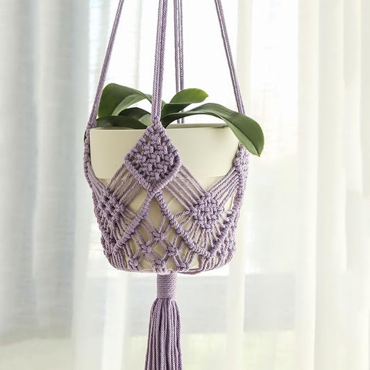 Hanging Planter with Patterns,2Packs Macrame Plant Hangers Indoor Macrame for up to 8 inch Pot Crochet Boho Plant Hanger Holder for Indoor Outdoor with 2S Shaped Stainless Steel Hooks (Purple)