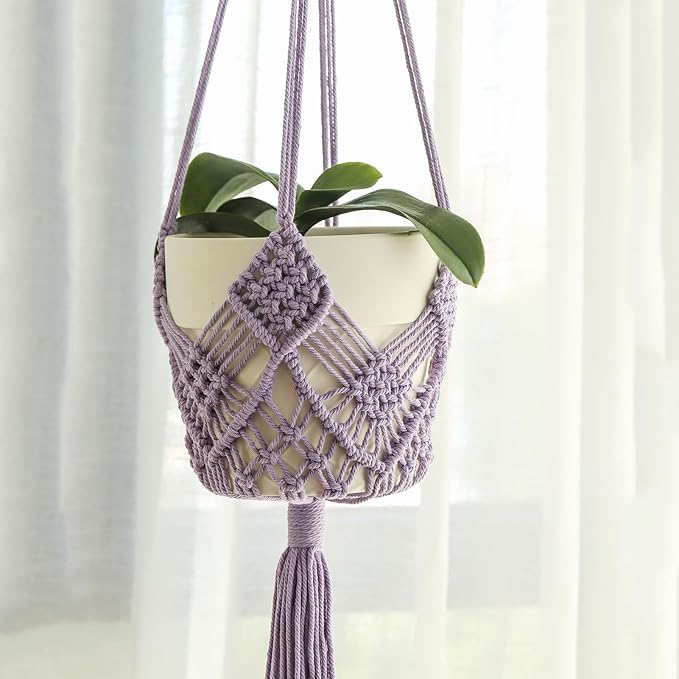 Hanging Planter with Patterns,2Packs Macrame Plant Hangers Indoor Macrame for up to 8 inch Pot Crochet Boho Plant Hanger Holder for Indoor Outdoor with 2S Shaped Stainless Steel Hooks (Purple)
