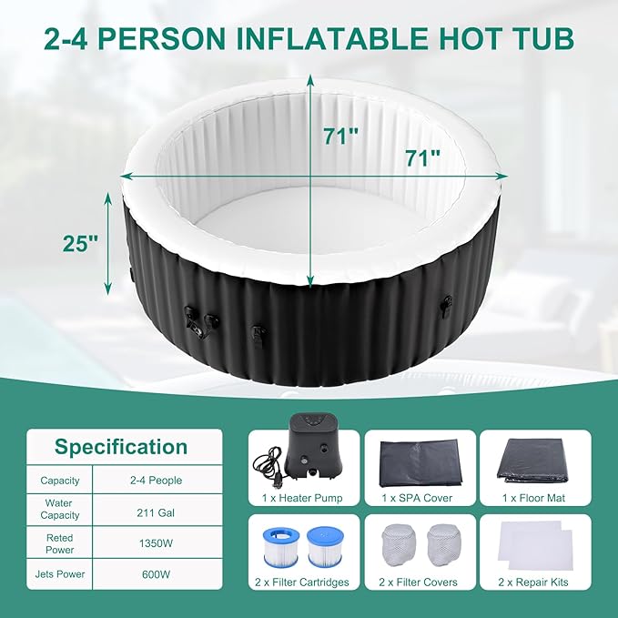 DoCred 2-4 Person Inflatable Hot Tub, 71" X 71" X 25" Round Blow up Portable Hot tub with 120 Bubble Jets, Large Outdoor Spa Bathtub Set Included Heater Pump, Insulated Cover and Filter