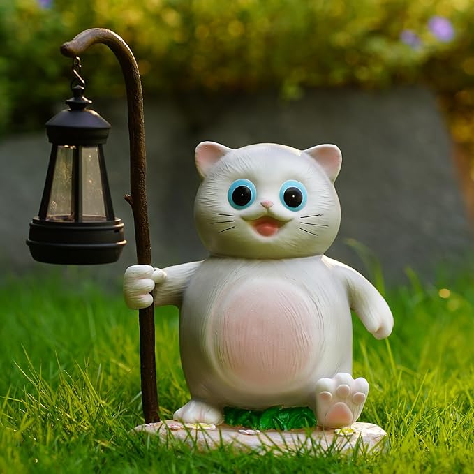 Solar Garden Outdoor Statues Cat with LED Solar Lantern Figurine for Lawn,Patio, Balcony, Yard Decor Unique Housewarming Gift, for Mom, Grandma,Father,Woman