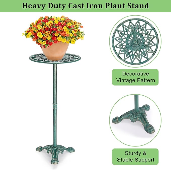 OwnMy Cast Iron Tall Plant Stand Heavy Duty Flower Pot Holder, Decorative Pedestal Potted Plant Rack, Indoor Outdoor Wrought Iron Large Single Plant Stand for Patio Garden Home, Antique Green