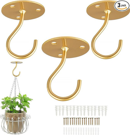 Ceiling Hooks for Hanging Plants-Metal Heavy Duty Wall Mounted Hangers for Hanging Bird Feeders, Planters, Wind Chimes, Include Professional Drywall Anchors (3-Pack) (Gold)