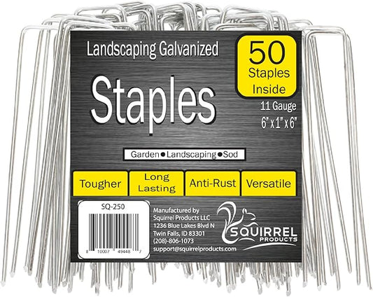 Squirrel Products U Shape Garden Stakes Metal, 6 Inch Landscaping Staples, 11 Gauge Stakes for Landscaping Fabric, 2.9mm 15x2.5x15cm – 50 Pack
