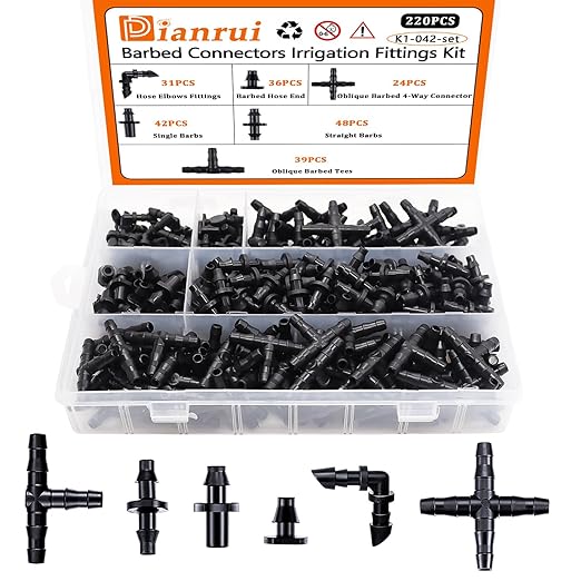 Dianrui 220 PCS Drip Irrigation Kit, Drip Irrigation Parts 1/4'' Tubing Fittings Kit for Garden Lawn Flower Sprinkler Systems-End Plug/ 4-Way Connector/Single barbs/Straight Barbs/Oblique Barbed Tees
