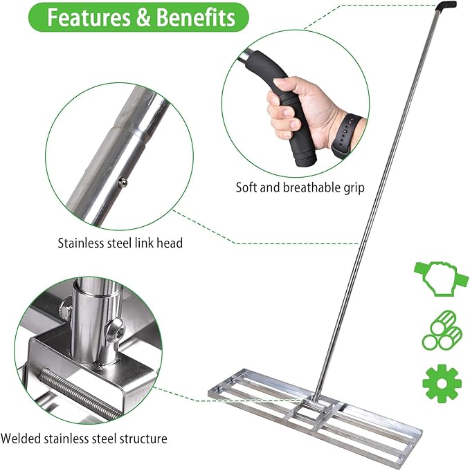 Scalebeard Lawn Leveling Rake-7 FT Level Lawn Tool / Soil Lawn Rake Stainless Steel Leveling Rake Landscape Rake with Handle for Garden Backyard Golf/Lawn(7FT, 35 x 10IN)