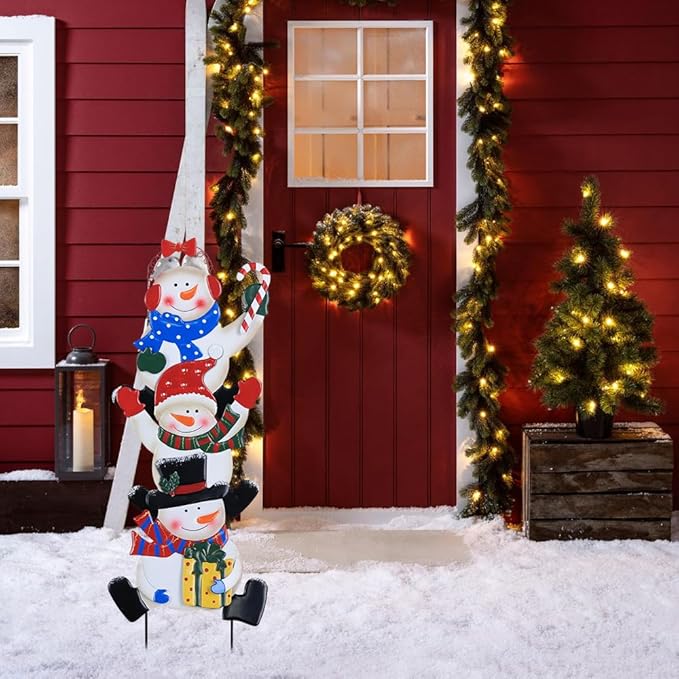 YEAHOME Outdoor Christmas Decorations, Stacked 3 Snowman Decorative Garden Stakes for Christmas Decor, Metal Yard Signs Xmas Decorations for Outside Garden Yard Lawn Porch Holiday Party