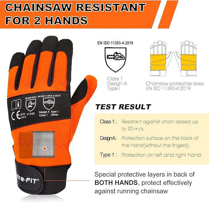 Chainsaw Gloves Saw Protection on Both Hands Back,EN ISO 11393-4 CLASS 1,Cut-resistant Gloves,EN 388: 4122X