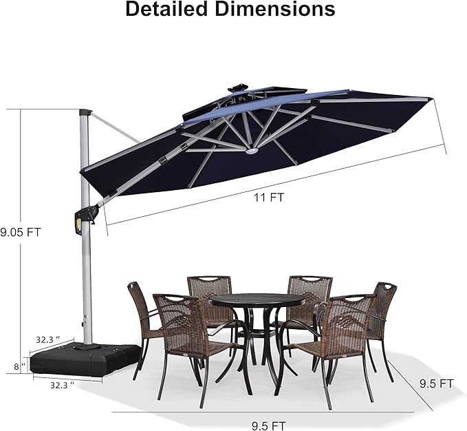 PURPLE LEAF 11ft Patio Umbrella With Base Solar powered LED Cantilever Umbrella with LED lights Windproof Outdoor Offset Umbrella for Garden Deck Pool Patio, Navy Blue