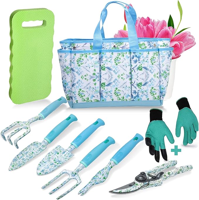 Garden Tool Set 9 Piece Aluminum Alloy Gardening Hand Tools Kit Gift for Women & Parent Gardening Supplies with Gloves,Tote,Kneeling Pad,Hand Pruner,Trowel,Hand Rake,Weeder,Fork,Transplanter