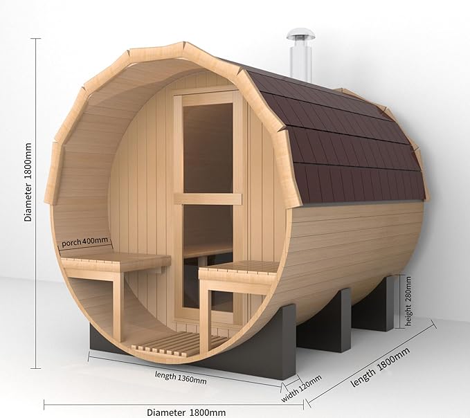Outdoor Barrel Sauna with Porch, Wood Burning Stove Sauna 4 Person, Large Glass Window, Canadian Hemlock, Chimney Kit, Triple Waterproof System, Double Reinforcement(0-195℉)