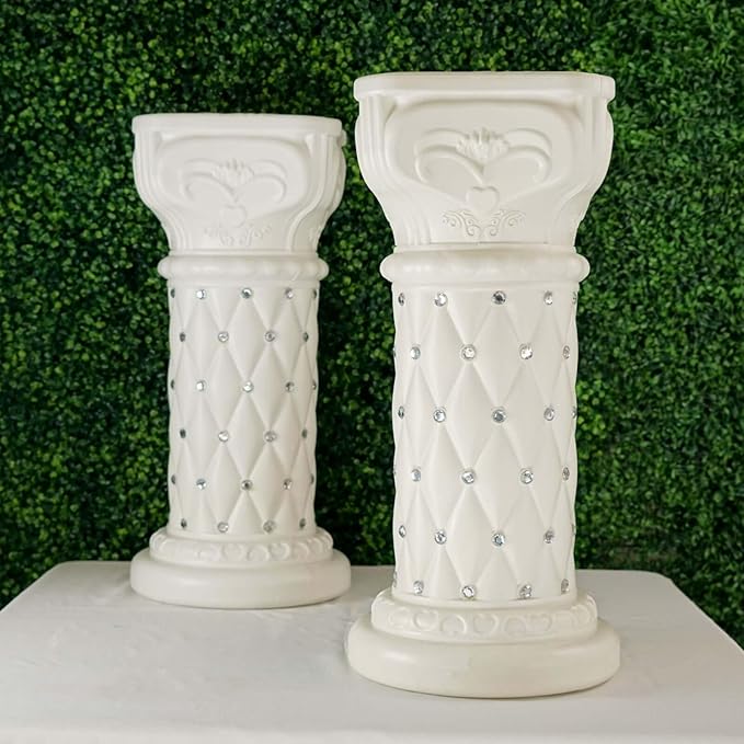 Efavormart 2 Pack 25" Tall White PVC 10mm Crystal Beaded Studded French Inspired Pedestal Column Stand for Floral Arrangements, Wedding, Aisle Decor, DIY Background Designing