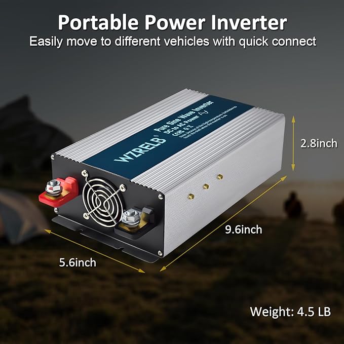 WZRELB 1800W Pure Sine Wave Inverter 12V DC to 110V 120V AC Power Converter with LED Display, Off-Grid Portable Power Inverter with 4 AC Outlets for Home, RV, Truck, Camping