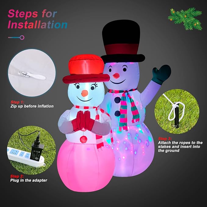 FirstE 7 FT Inflatables Snowman, St Patrick's Giant Blow Up Snowman Couple Built-in Rotating Colorful LED Light, Wear Magic Hats and Striped Scarfs, Decor for Outdoor, Yard, Lawn