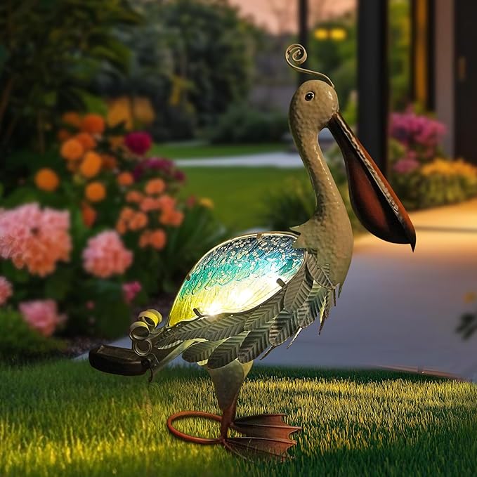 HONGLAND Solar Metal Pelican Statues Garden Sculpture & Statues, 19 Inch Glass Outdoor Pelican Yard Art Coastal Ocean Bird Decor Lawn Ornament for Backyard Porch Patio Decor(Blue-Green)
