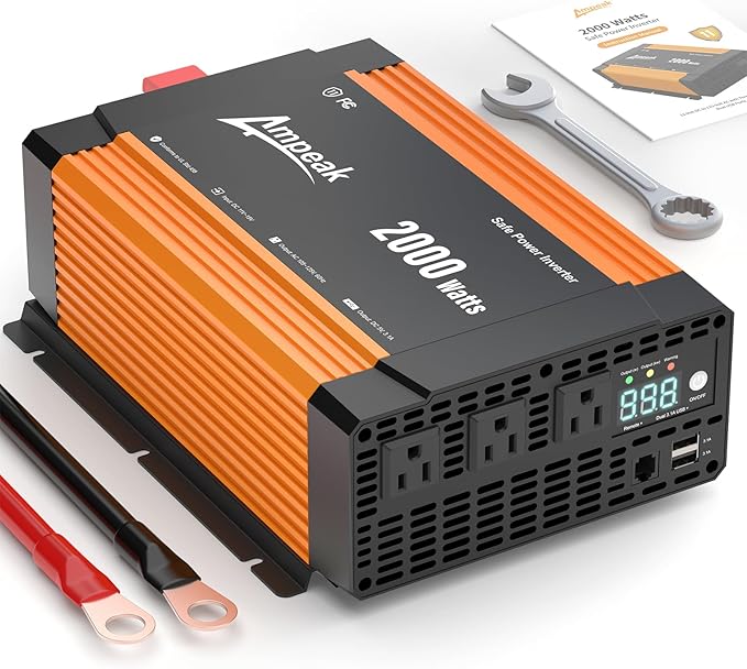 Ampeak 2000W Power Inverter 12V to 110V, 89.37% High Efficiency Modified Sine Wave Inverter with 3 AC Outlets & Dual USB, for RV Truck Camping & Home Emergency Use (4000W Peak)