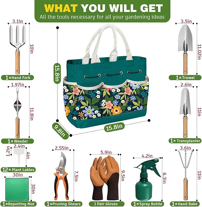 22Pcs Gardening Tools Set for Women Heavy Duty Garden Hand Tools Yard Work Tools Gardener Gifts Gardening Accessories with Tools Bag/Shovel/Mat/Plant Labels/Gloves