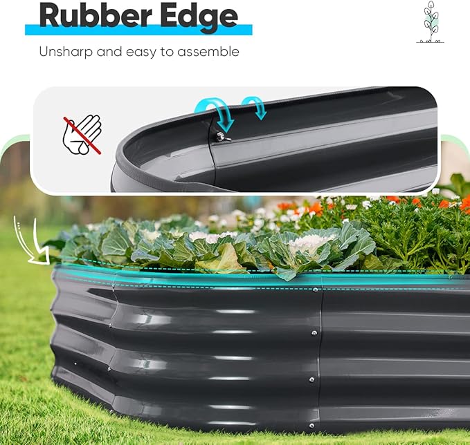 Quictent Galvanized Raised Garden Bed Kit, 8x4x1 ft Oval Metal Planter Box for Vegetables, Rubber Strip Edging Included (Dark Gray)
