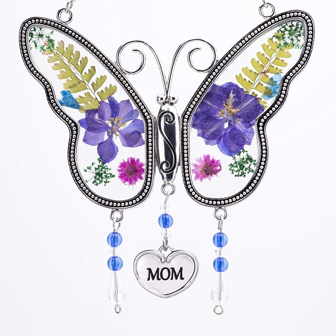 Laraine Butterfly Suncatcher with Pressed Flower Wings Mom Mother's Day Butterfly Glass Wind Chime Ornament Charm with Metal Heart Gifts for Mom Grandma Birthday (Purple Mom (with Free Hook))