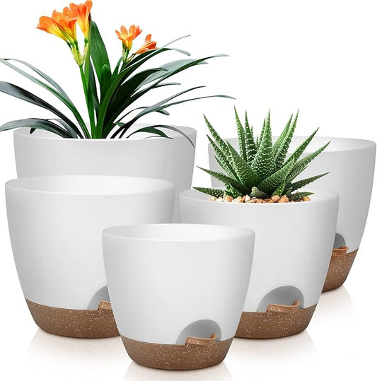 Plant Pots 10/9/8/7.5/7 Inch Self Watering Pots, Set of 5 Plastic Planters with Drainage Holes and Saucers,Plastic Flower Pots,Nursery Planting Pot for Indoor Out Door Plants(White)