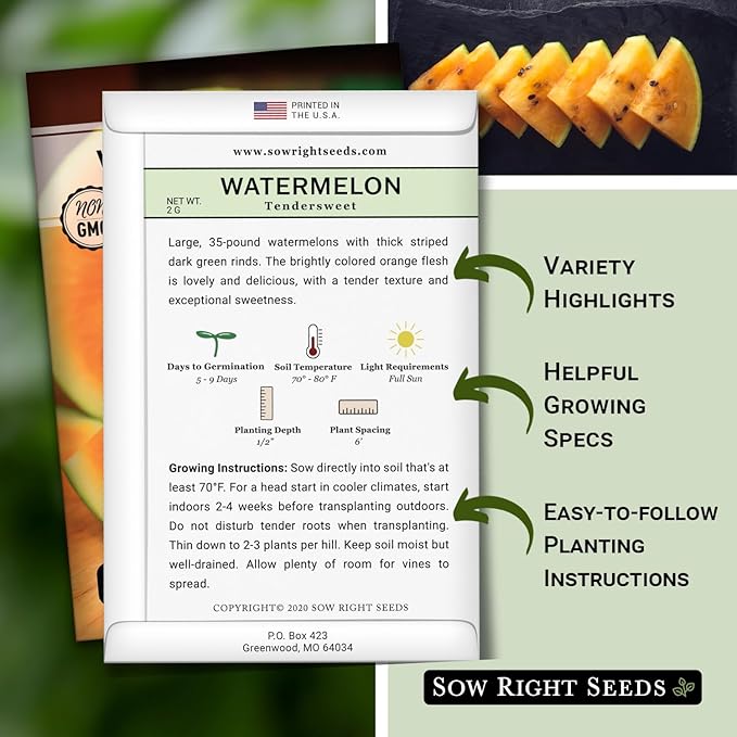 Sow Right Seeds - Tendersweet Watermelon Seeds for Planting - Non-GMO Heirloom Seeds to Plant a Home Vegetable Garden - Unique Orange Flesh Melon - Sweet Summer Treat to Grow Outdoors (4)