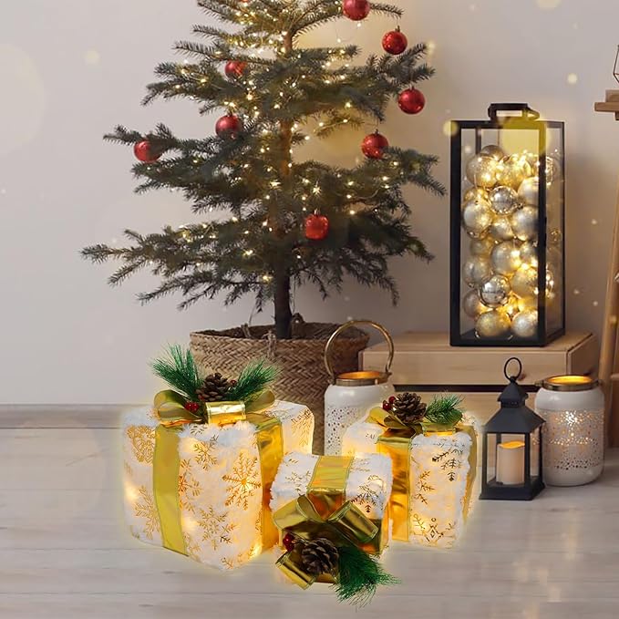 Set of 3 Christmas Lighted Gift Boxes, 60 LED Light Up Present Boxes for Christmas Decorations Indoor Xmas Tree Holiday Party Porch Home Decor (Gold Bow)