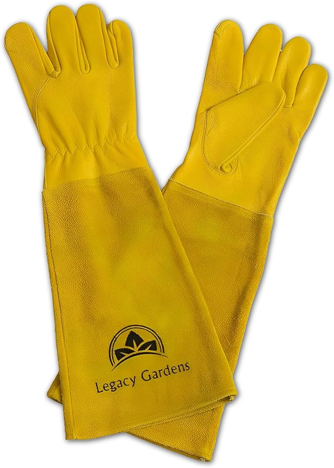 Leather Gardening Gloves for Women & Men, Long Garden Gloves, Cowhide Gauntlet Rose Pruning Thorn Resistant, Forearm Protection, 2XL, Yellow