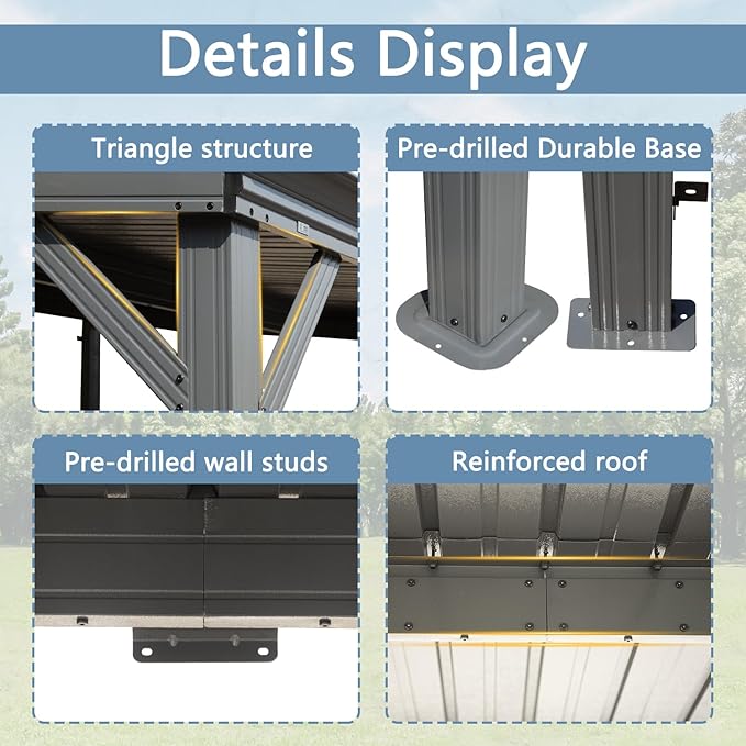 Domi 10’x14’ Wall-Mounted Hardtop Gazebo Pergola – Permanent Lean-to Outdoor Shelter with Sloped Galvanized Steel Roof & Upgraded Drainage – Grey Metal Patio Cover for Backyard, Deck, Garden
