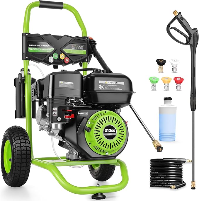 4200 PSI Gas Pressure Washer, 4.0 Max GPM 212CC 7HP Commercial Gas Power Washer, Spray Gun and Wand, 5 Nozzle Set, for Cars/Fences/Driveways/Homes/Patios/Furniture (Green)