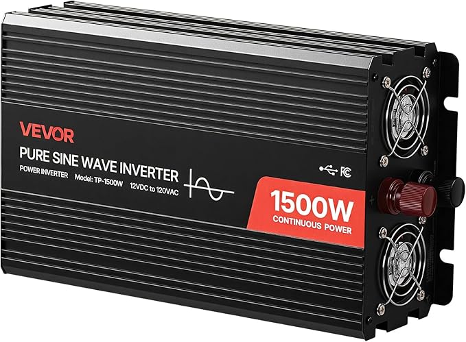 VEVOR 1500W Power Inverter, 12V DC to 120V AC Pure Sine Wave Inverter, Car Charger Converter with Remote Control, USB & Type-C Ports, 4 AC Outlets, Fast-Charging for RV, Truck Outdoor Camping