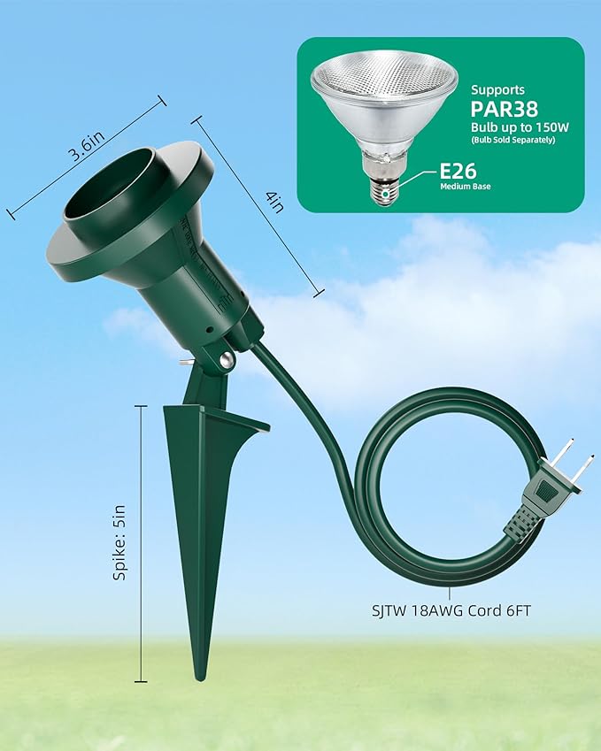 Outdoor Flood Light Holder with Ground Stake, Plug-in Waterproof Spotlight Fixture, PAR38 Compatible, E26 Socket, 6FT Extension Cord, ETL Listed, Garden & Yard Lighting, 2 Pack